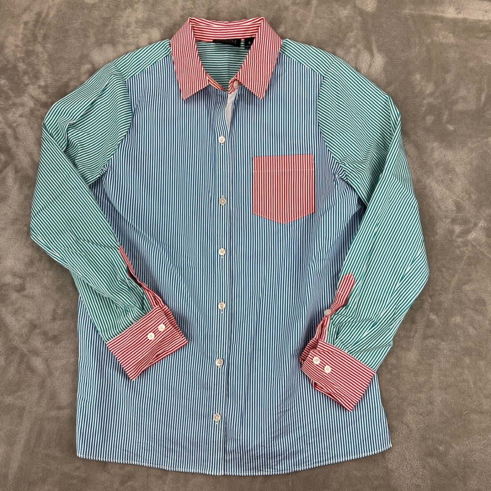 Carlisle Collection Striped Colorblock Button Down Shirt Womens 6 Blue Red Green